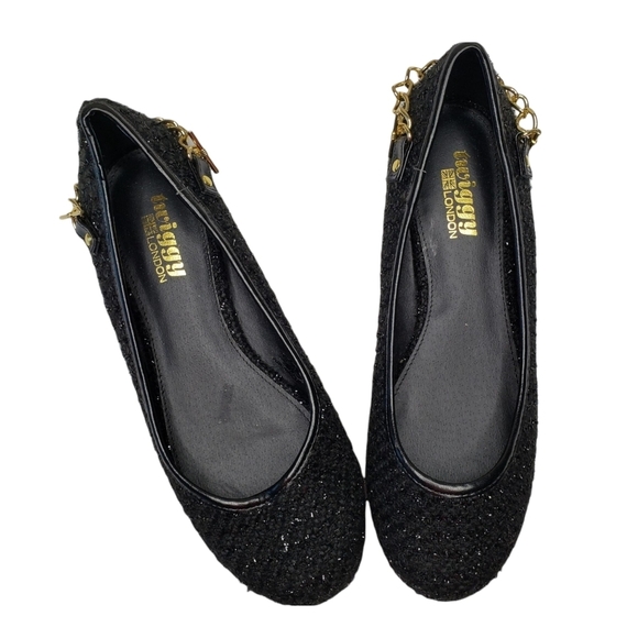 Twiggy London | Black Sparkle Tweed Round Toe Gold Slip On Flats Women's 7.5 - Picture 4 of 11